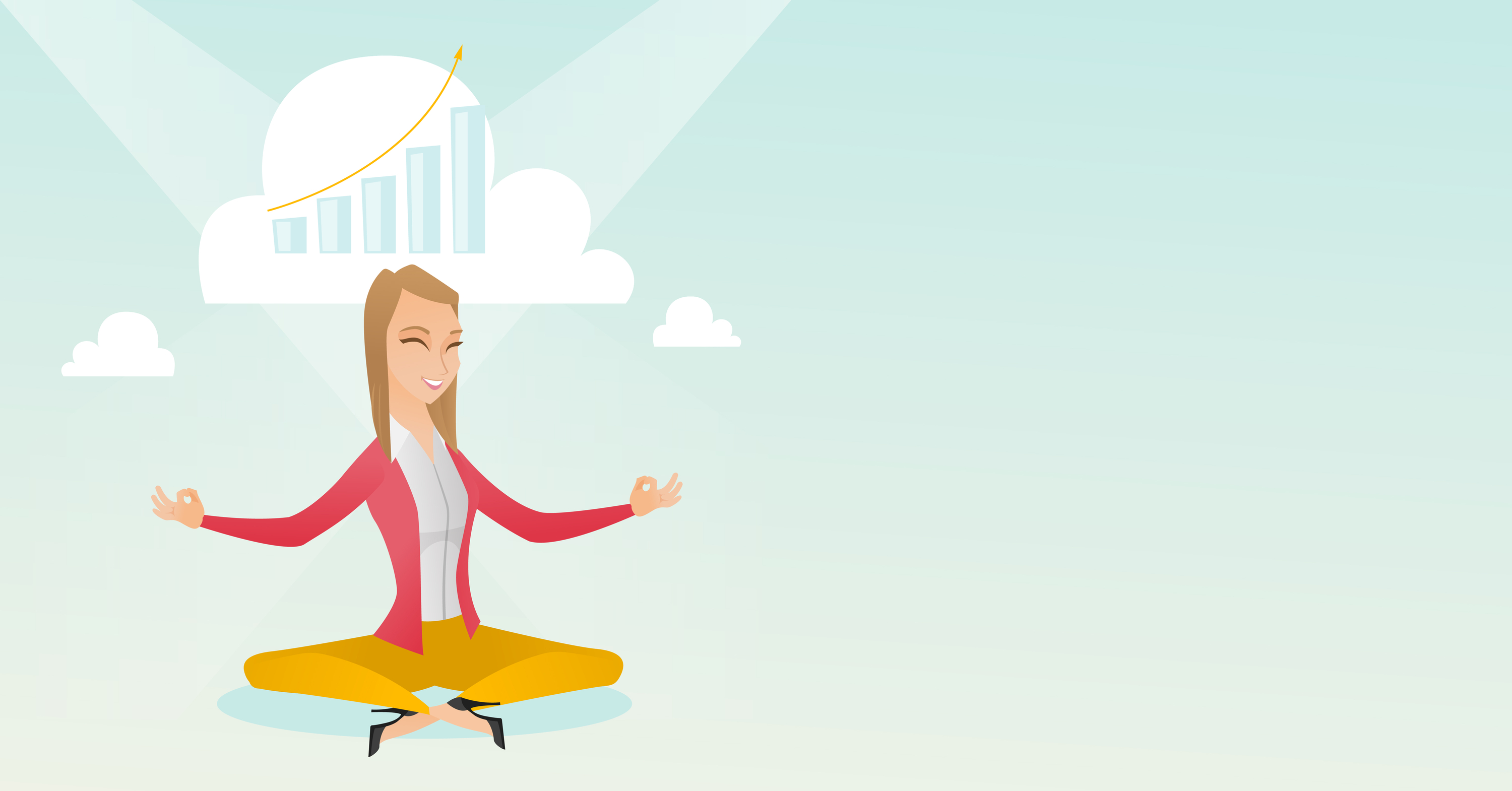 Cartoon of business woman doing yoga and picturing growth